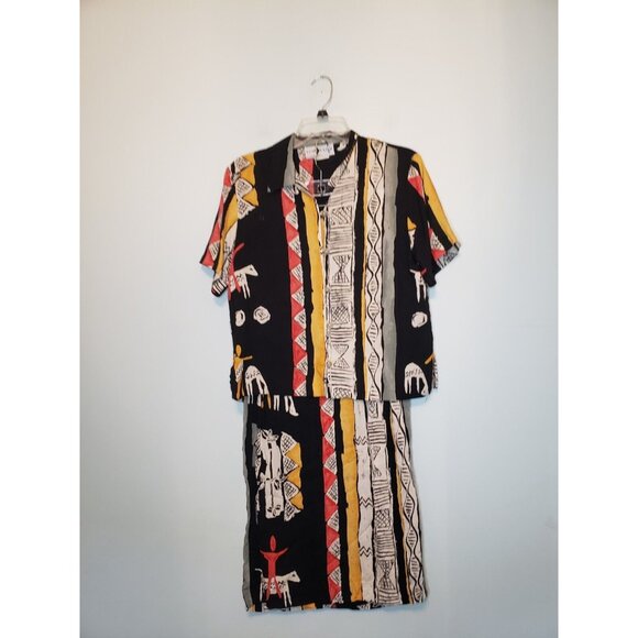 Solitaire Women's Outfit Set Button Front Blouse 8 Wrap Skirt 6 African Tribal - Picture 1 of 6